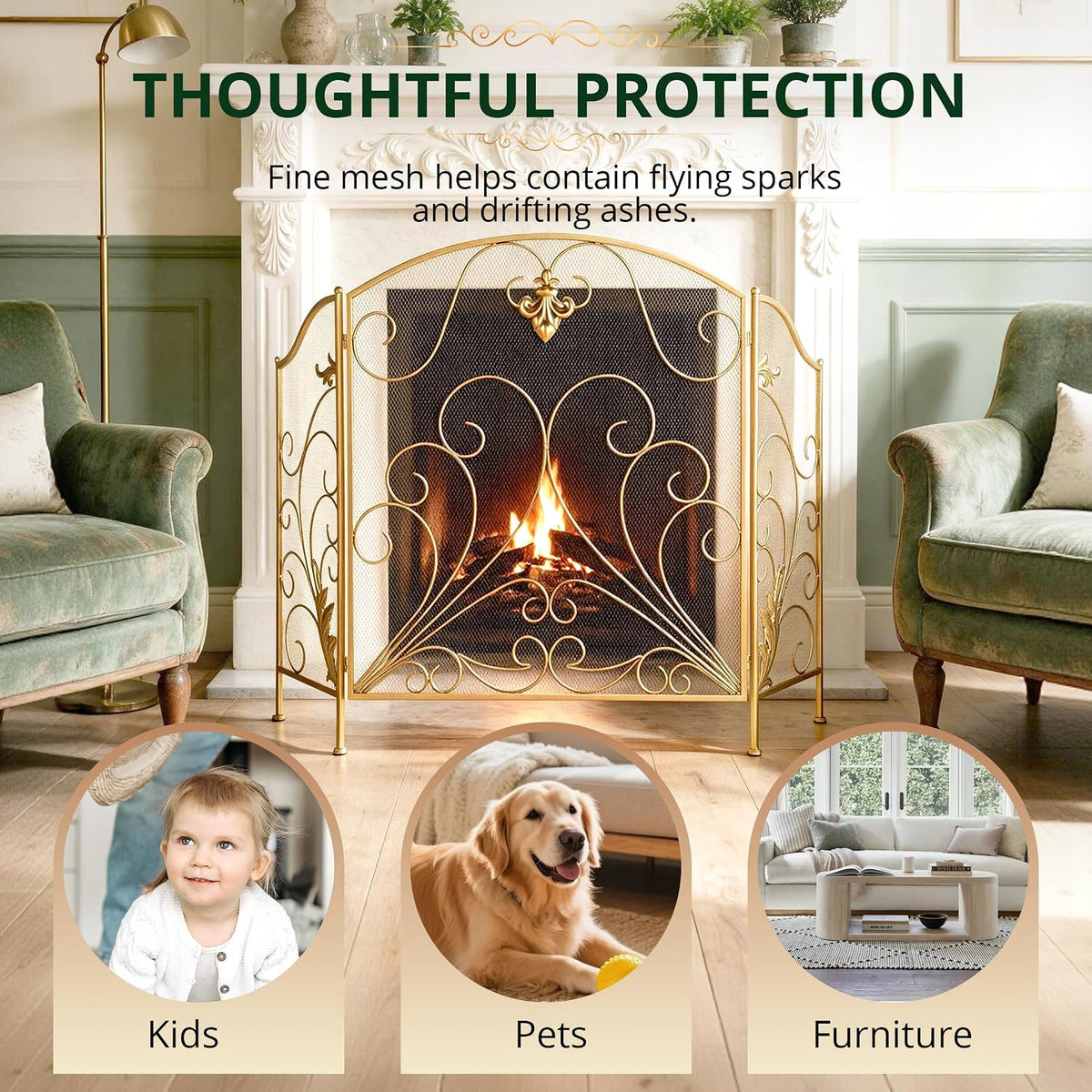 50 x 33.6 Inch 3-Panel Foldable Wrought Iron Fireplace Screen