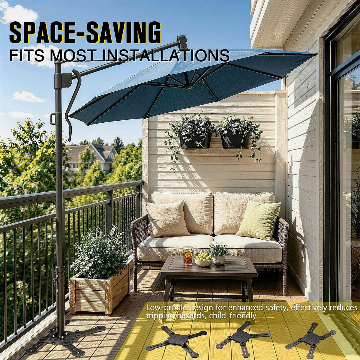 Cantilever Umbrella Base Adjustable 4-Arm Heavy Duty Stainless Steel Offset Patio Umbrella Mount Bracket with Multi Mount Holes for Deck Balcony Garden Backyard
