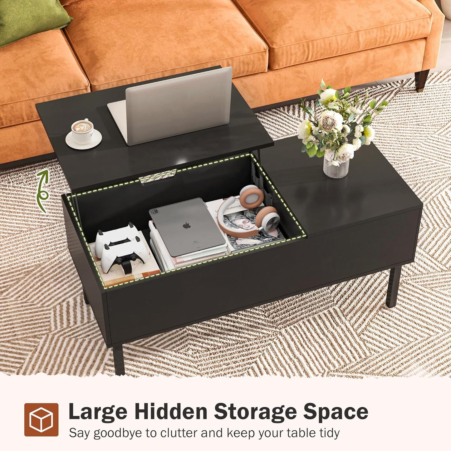 HaiQiwawo Black Coffee Table with Storage, Lift Top Coffee Table, Wood Coffee Table with Hidden Compartment, Center Table for Living Room, Black