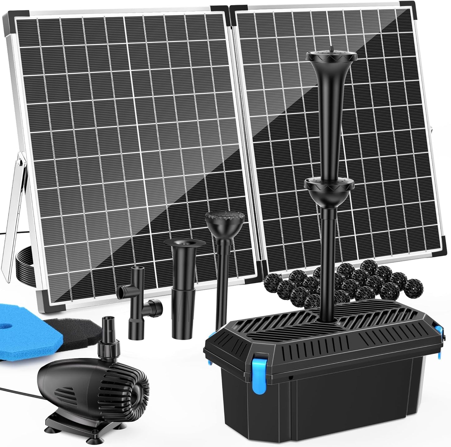 Solar Fountain Pump with Pond Filter Kit, 55W Folding Panel Solar Pond Pump with Pond Filter Box, Pond Filter Box for