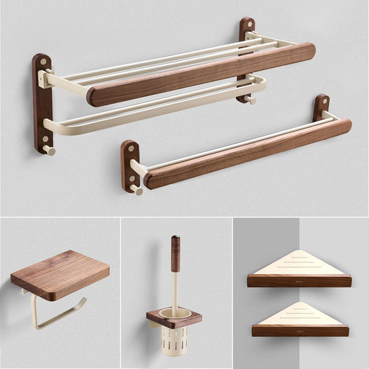 Luxury Walnut Aluminium Bathroom Accessories Shower 7 Pieces Set, Including Shower Rack, Hook, Corner Rack