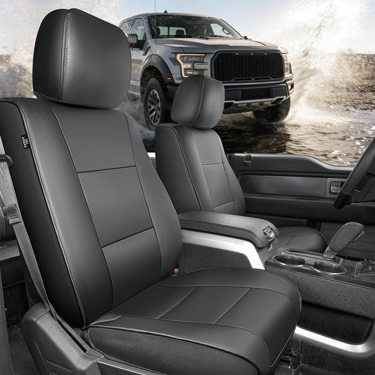 TTX LIGHTING Custom Fit Front Seat Cover for Ford F150 2009-2026 - F250/F350/F450 2017-2026 Waterproof Full Set Breathable Faux Leather Car Protector Cushion Accessories(Black-Vine)