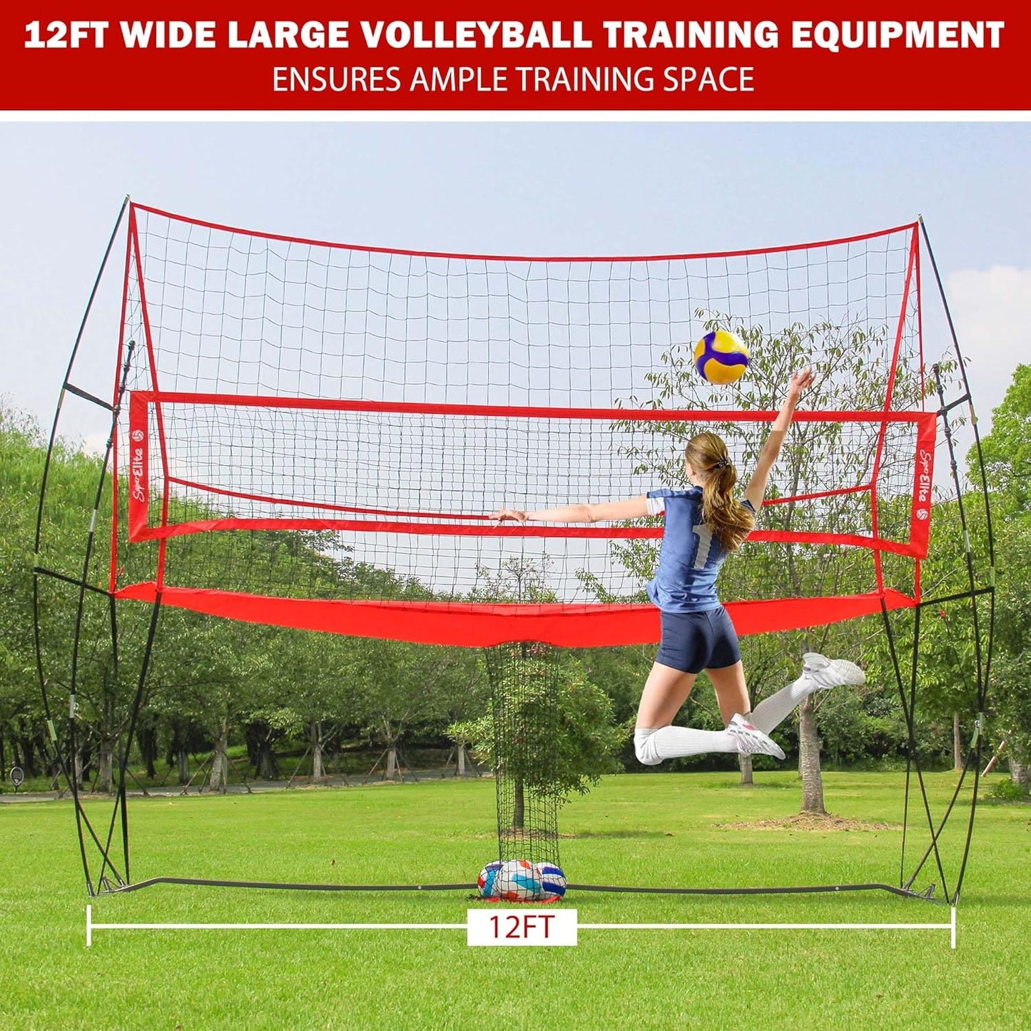 JOLORLY 12x11 ft Large Volleyball Practice Net Station with 5 Adjustable Heights for Backyard, Outdoor, Indoor Training Equipment System Freestanding