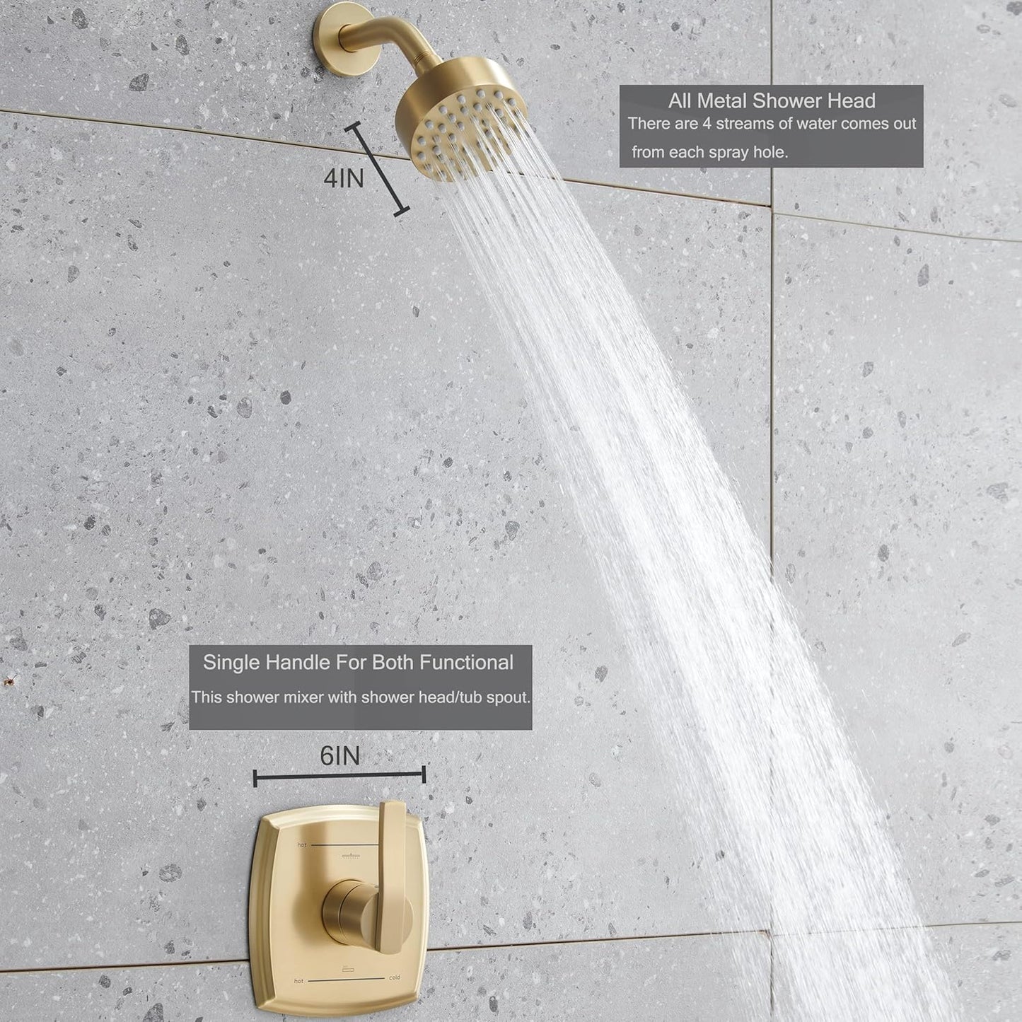 SOOOHOT Brushed Gold Shower Fixtues, Tub and Shower Faucet Set Combo with 4 Inch Gold Shower Head and Tub Spout, Gold Shower Head and Handle Set