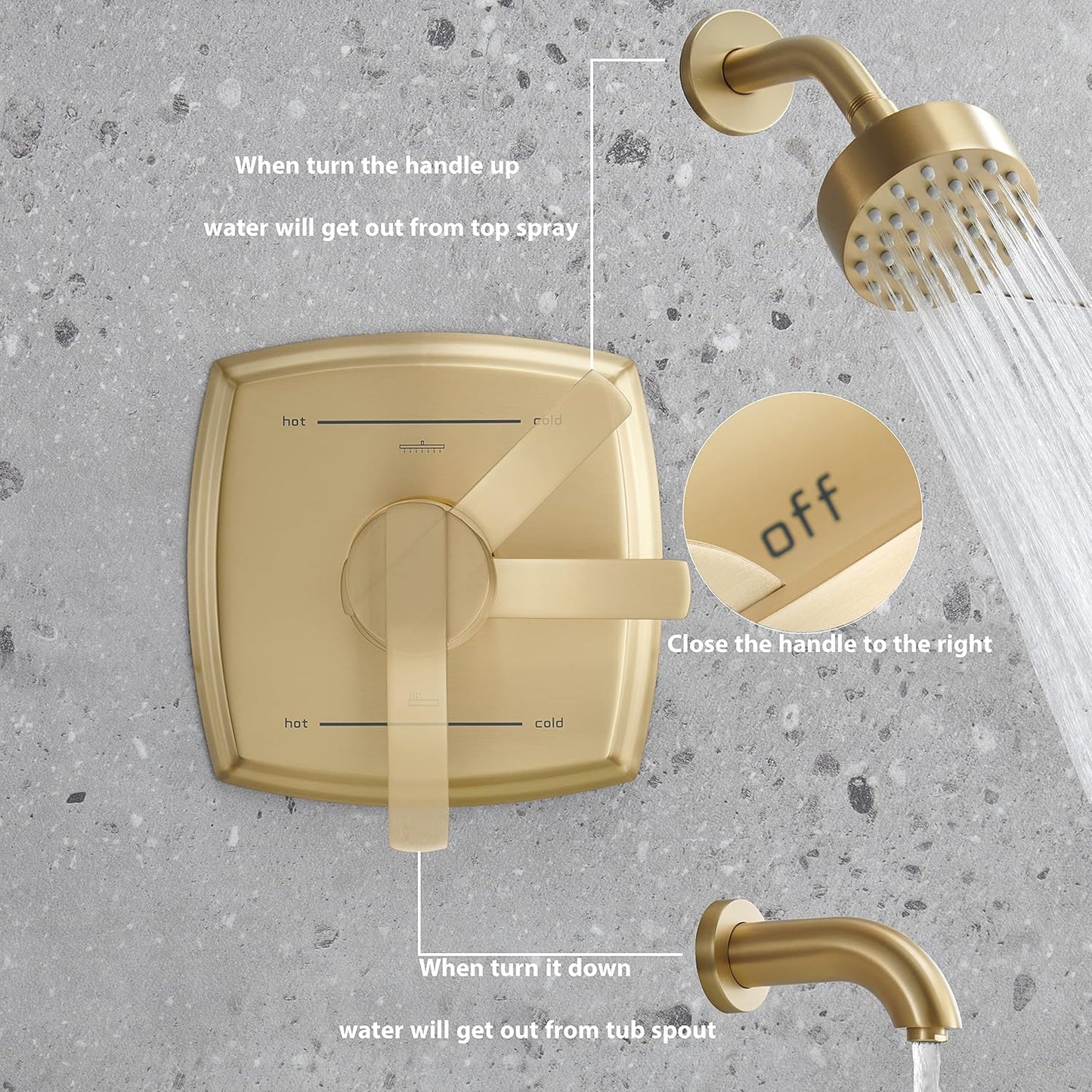 SOOOHOT Brushed Gold Shower Fixtues, Tub and Shower Faucet Set Combo with 4 Inch Gold Shower Head and Tub Spout, Gold Shower Head and Handle Set