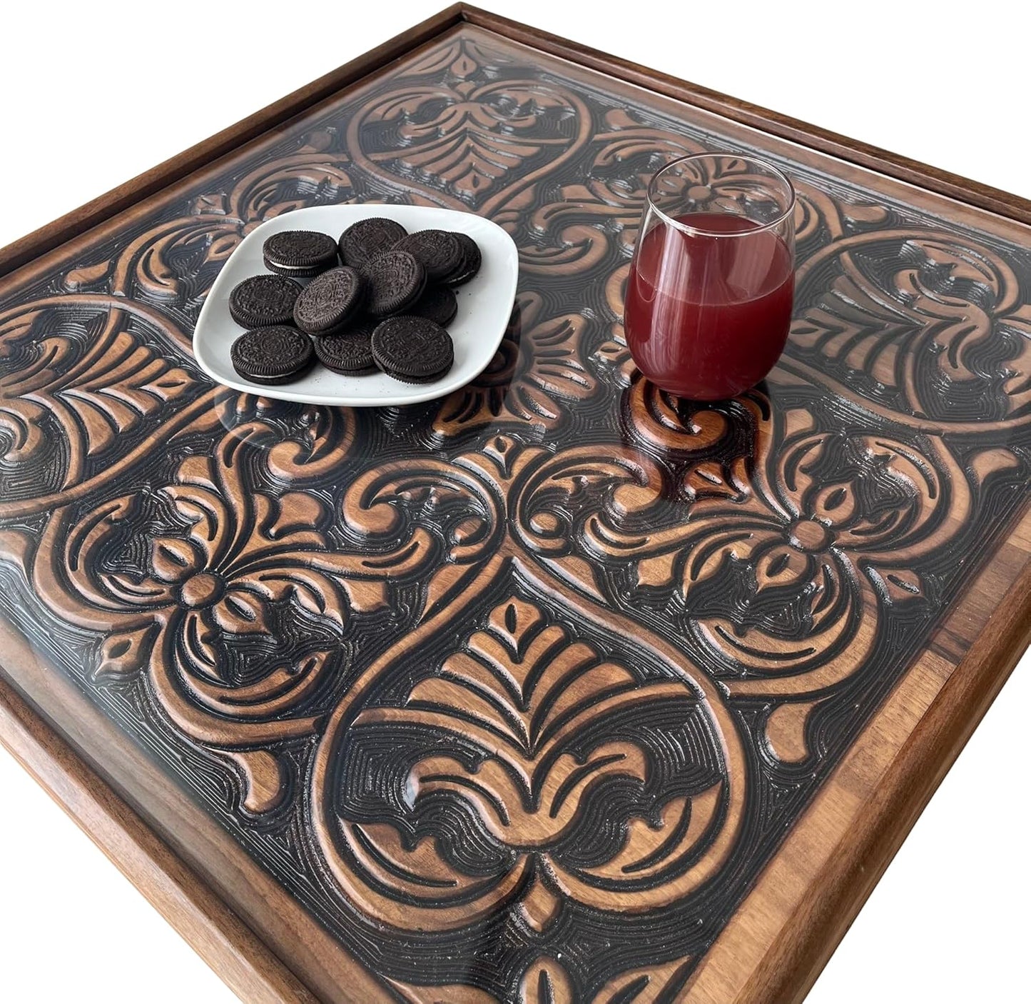 Ottoman Tray 24x24 inches Square Engraved Ottoman Tray for Living Room Non-Slip Protective Tray Mat & Bottom Handles Decorative Ottoman Serving Tray