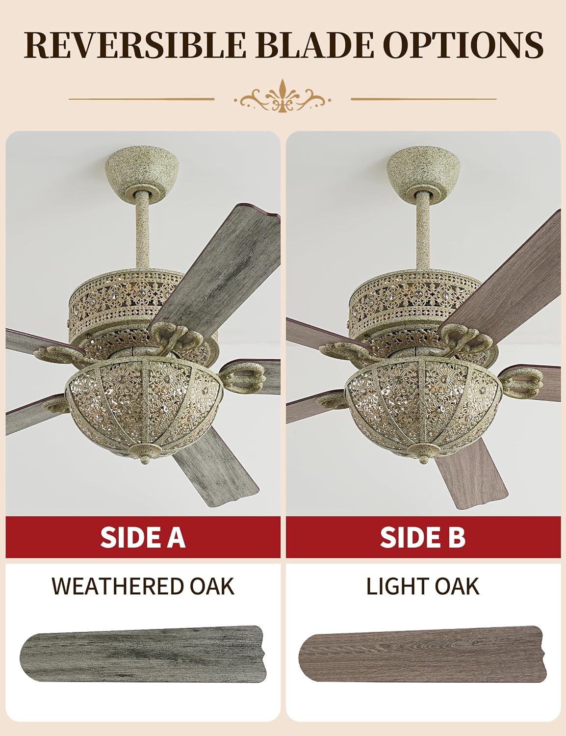 52 Inch Distressed Turquoise Chandelier Ceiling Fan with Light and Remote