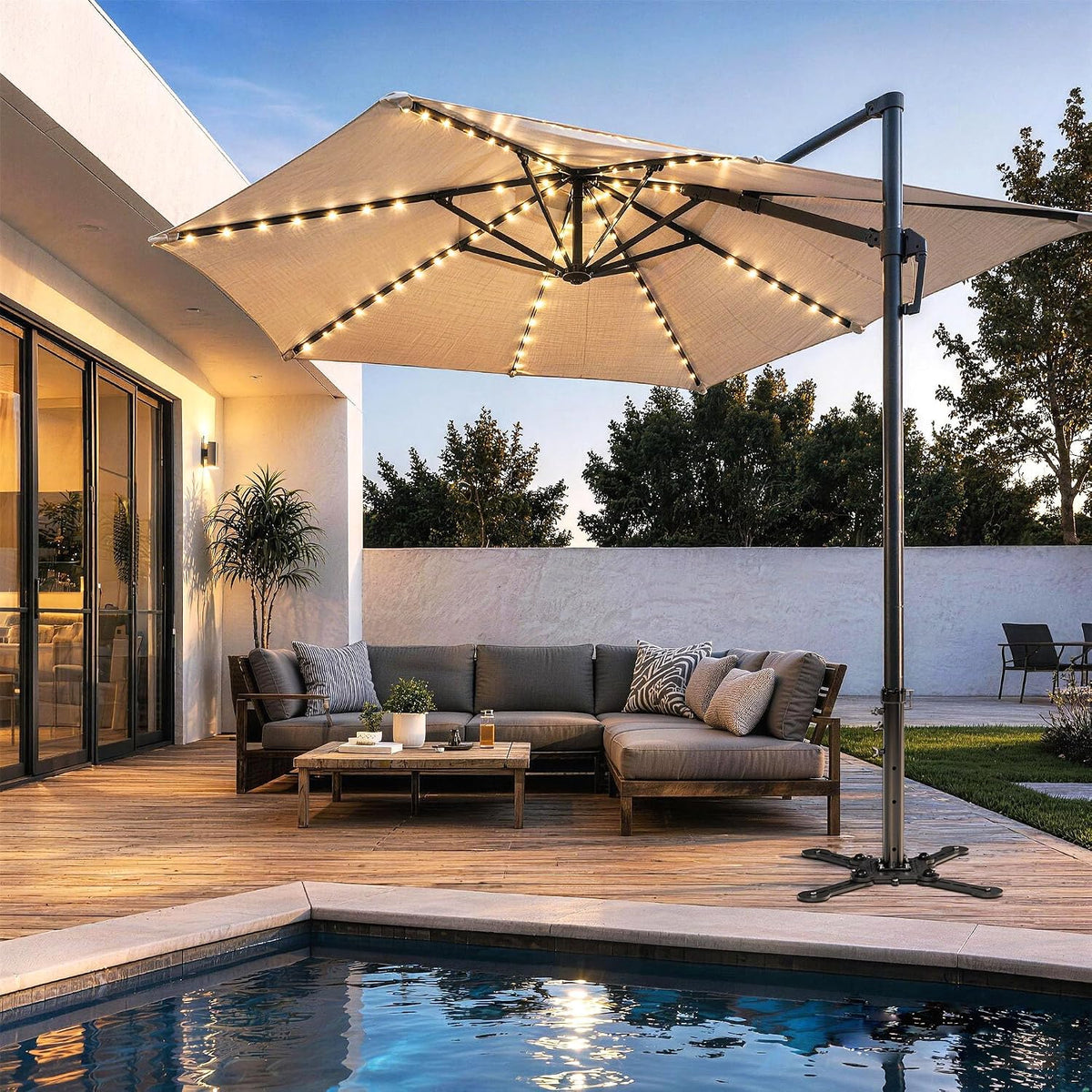 Cantilever Umbrella Base Adjustable 4-Arm Heavy Duty Stainless Steel Offset Patio Umbrella Mount Bracket with Multi Mount Holes for Deck Balcony Garden Backyard