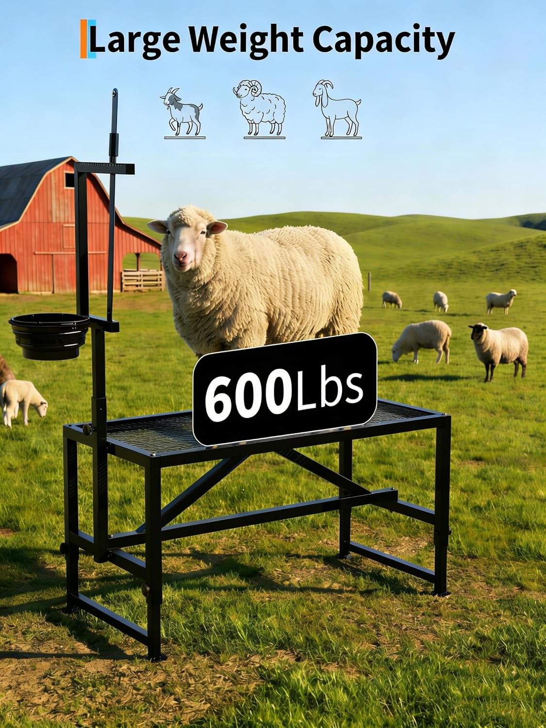 Heavy-Duty 400LBS Goat Stand with Feed Bin, 35 Inch Goat Milking Stand Adjustable Headpiece & Legs, Livestock Table for Grooming, Shearing, Physical Examination, Black
