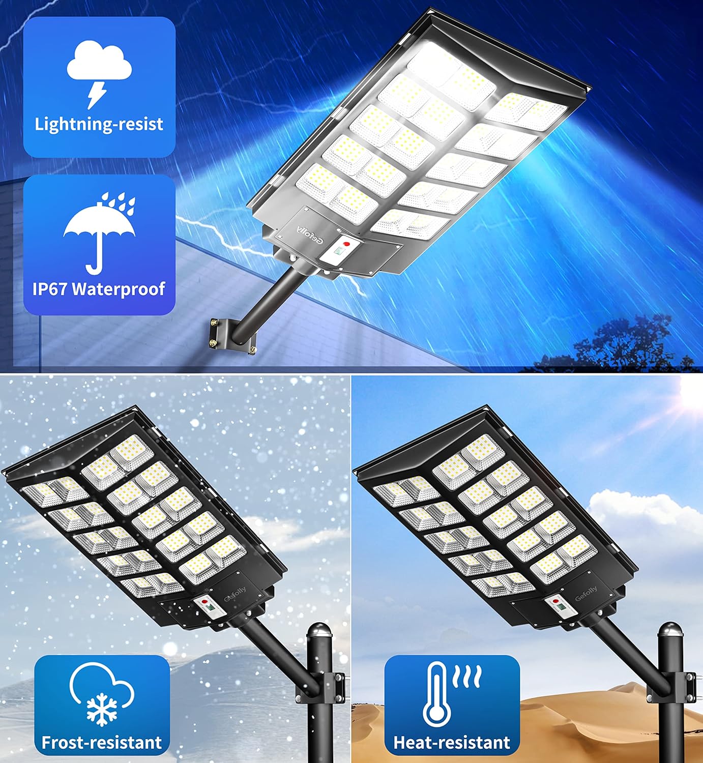 Gefolly 1600W Solar Street Lights Outdoor, 256000LM Commercial Parking Lot Light, 6500K Dusk to Dawn Solar Security Flood Lights Motion Sensor Solar