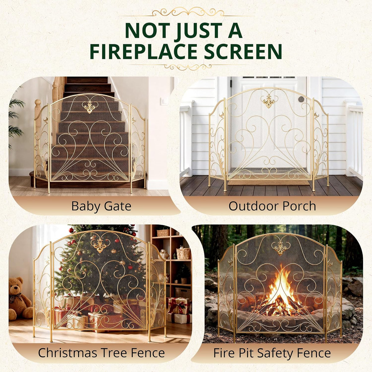 50 x 33.6 Inch 3-Panel Foldable Wrought Iron Fireplace Screen