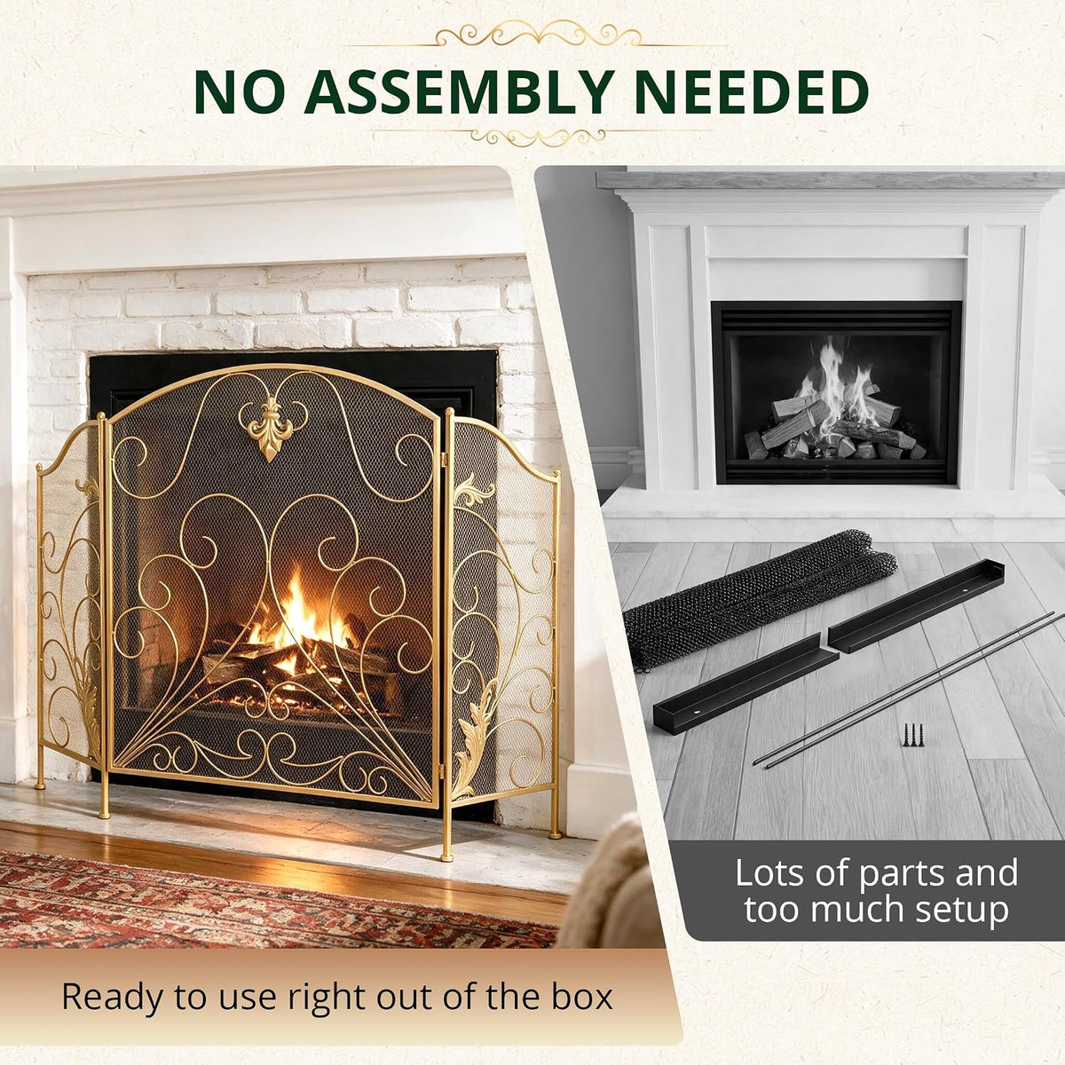50 x 33.6 Inch 3-Panel Foldable Wrought Iron Fireplace Screen