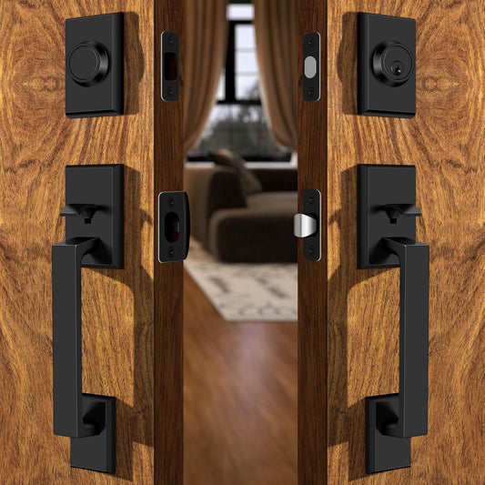 Double Front Door Lock Set, Matte Black Square Front Door Hardware Set, Heavy Duty Door Handle
