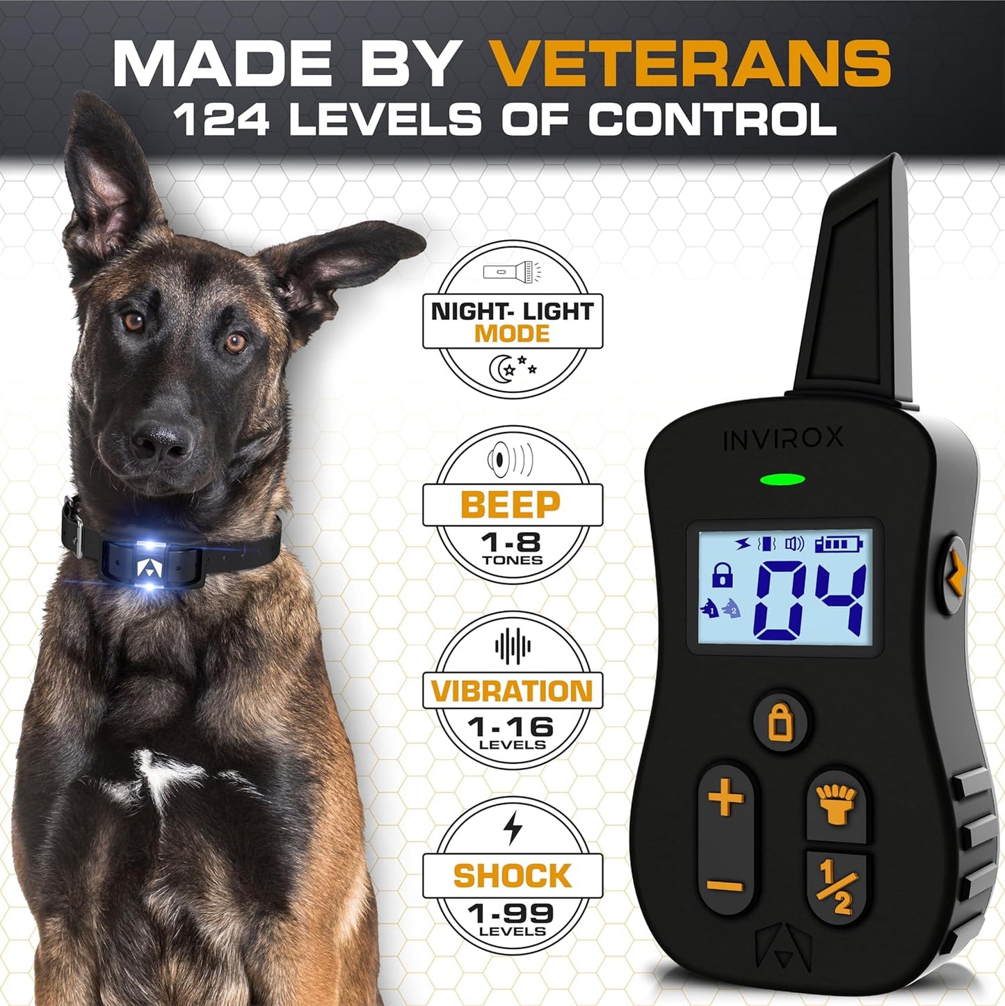 INVIROX Dog Shock Collar [Ultra K9] X2, 124 Training Levels, 4 Powerful Modes with Night-Light and  Mile Range 100% Safe Dog Training Collar for