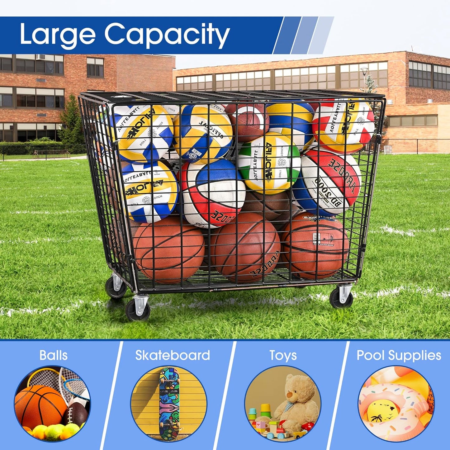 Mythinglogic Rolling Sports Ball Storage Cart, Sports Lockable Ball Storage Locker with Elastic Straps, Stackable Ball Cage for Garage Storage Garage