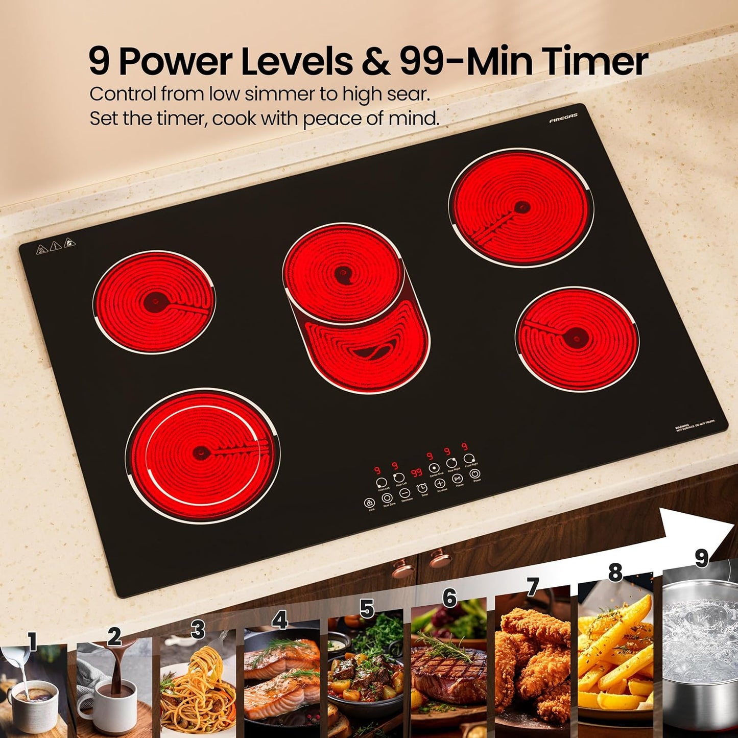 FIREGAS 30 Inch Electric Cooktop 5 Burners, Built-in Ceramic Stove Top with Matte Glass & Touch Control, 30" Radiant Electric Cooktop with Dual Ring & Oval Zone, Timer, Child Lock, 220-240V Hardwired