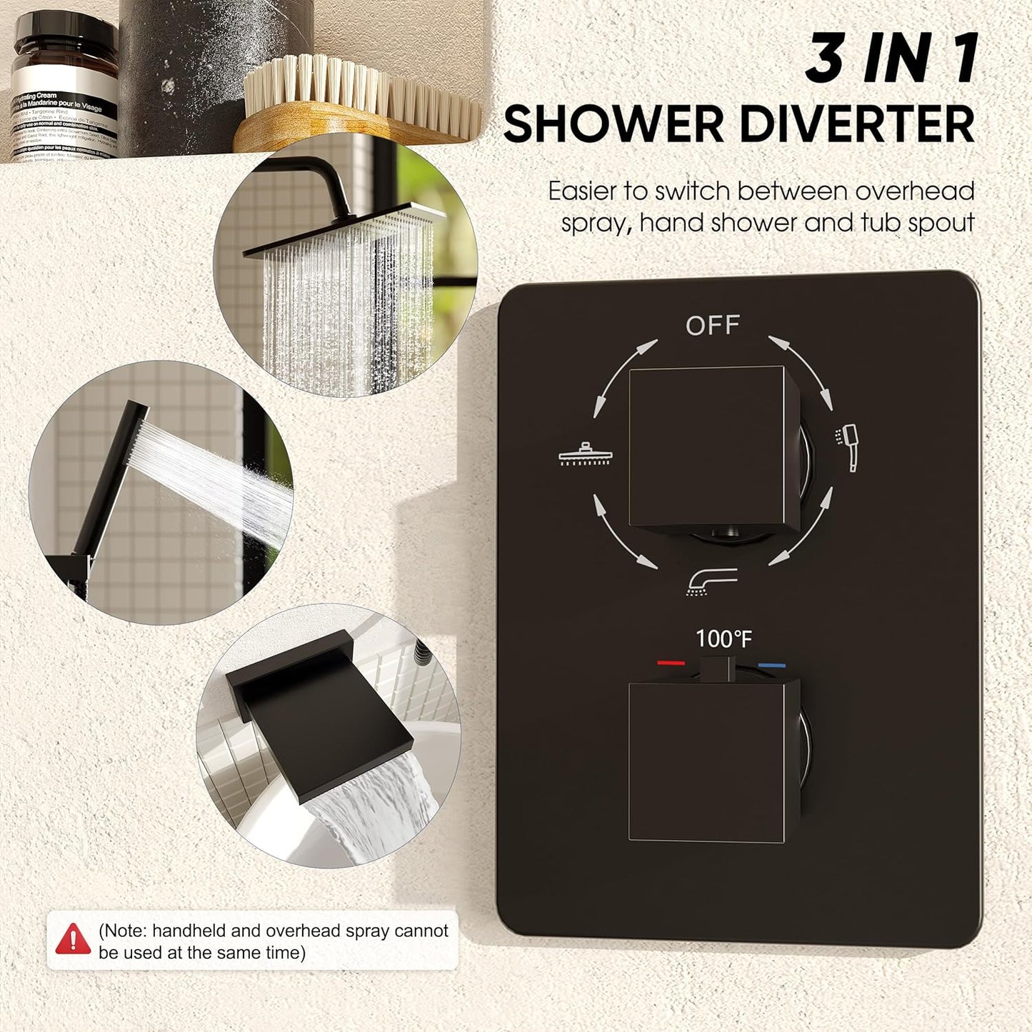 Esnbia Thermostatic Bathtub Shower Faucet Set, All Metal Tub Shower System with 3 Way Shower Valve, 10 Inches Rain Shower