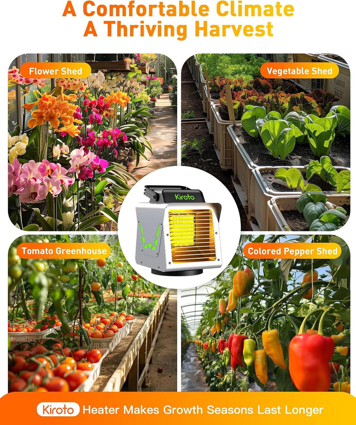 Kiroto 1500w Greenhouse Heater,with APP Remote Control, Portable Outdoor Winter Heater With Thermostat For Plants Vegetables Flowers,Smart Electric Safe Heater for Green house,Grow Tents,Garage