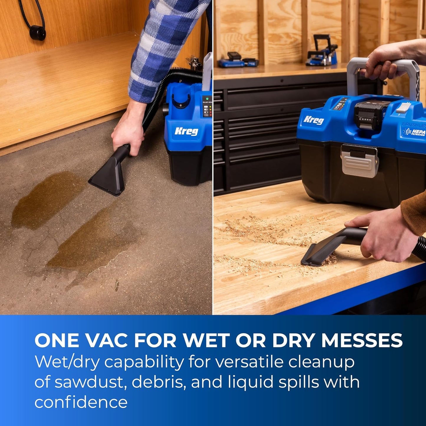 Kreg 20V Ionic Drive Wet/Dry Vac with HEPA Filter Kit - Cordless HEPA Shop Vacuum for Dust Collection, Debris & Liquid Cleanup - 50 CFM Suction - Blower Function - Includes 4Ah Battery and Charger