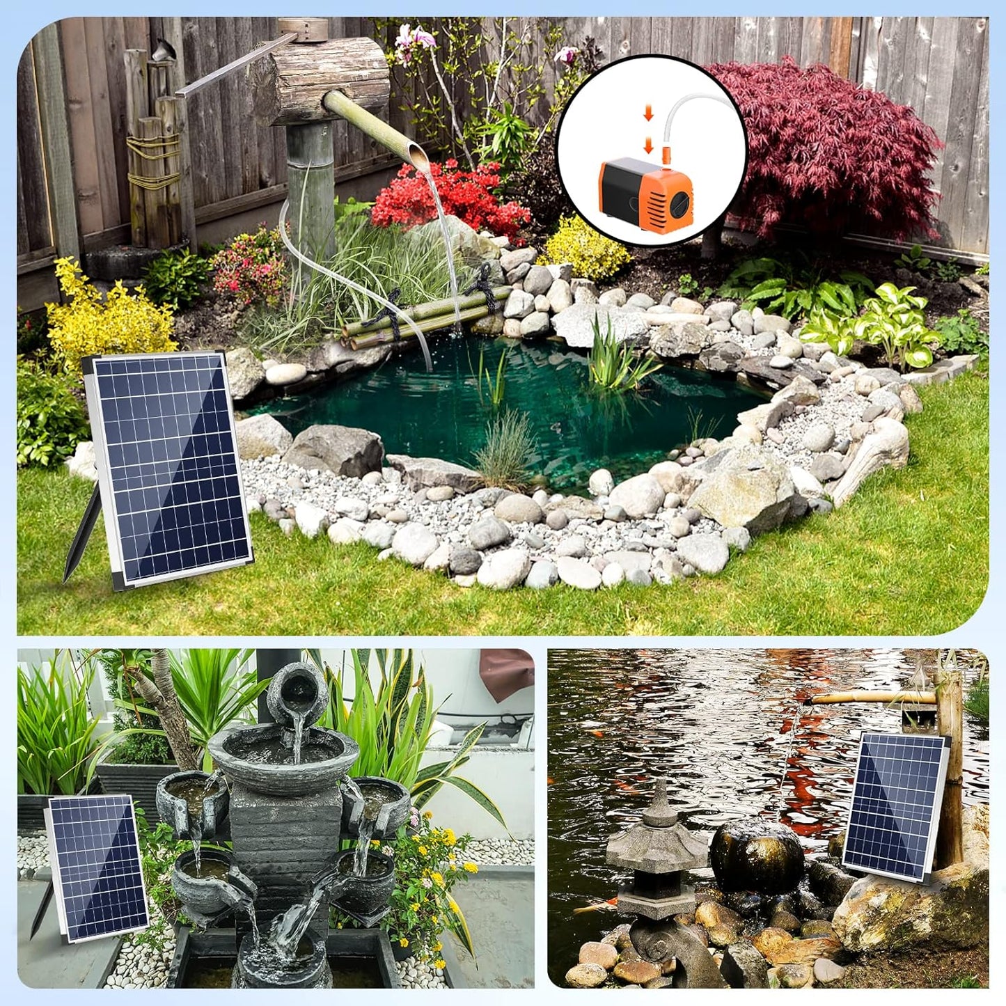 Antfraer 25W Solar Pond Pump, Solar Water Fountain Pump with 410GPH Adjustable Flow, Solar Water Pump with 7 Nozzles, 6.6ft Tubing, Dry Run Protection for Garden, Ponds, Waterfall, Fountain 25W Solar Pond Fountain