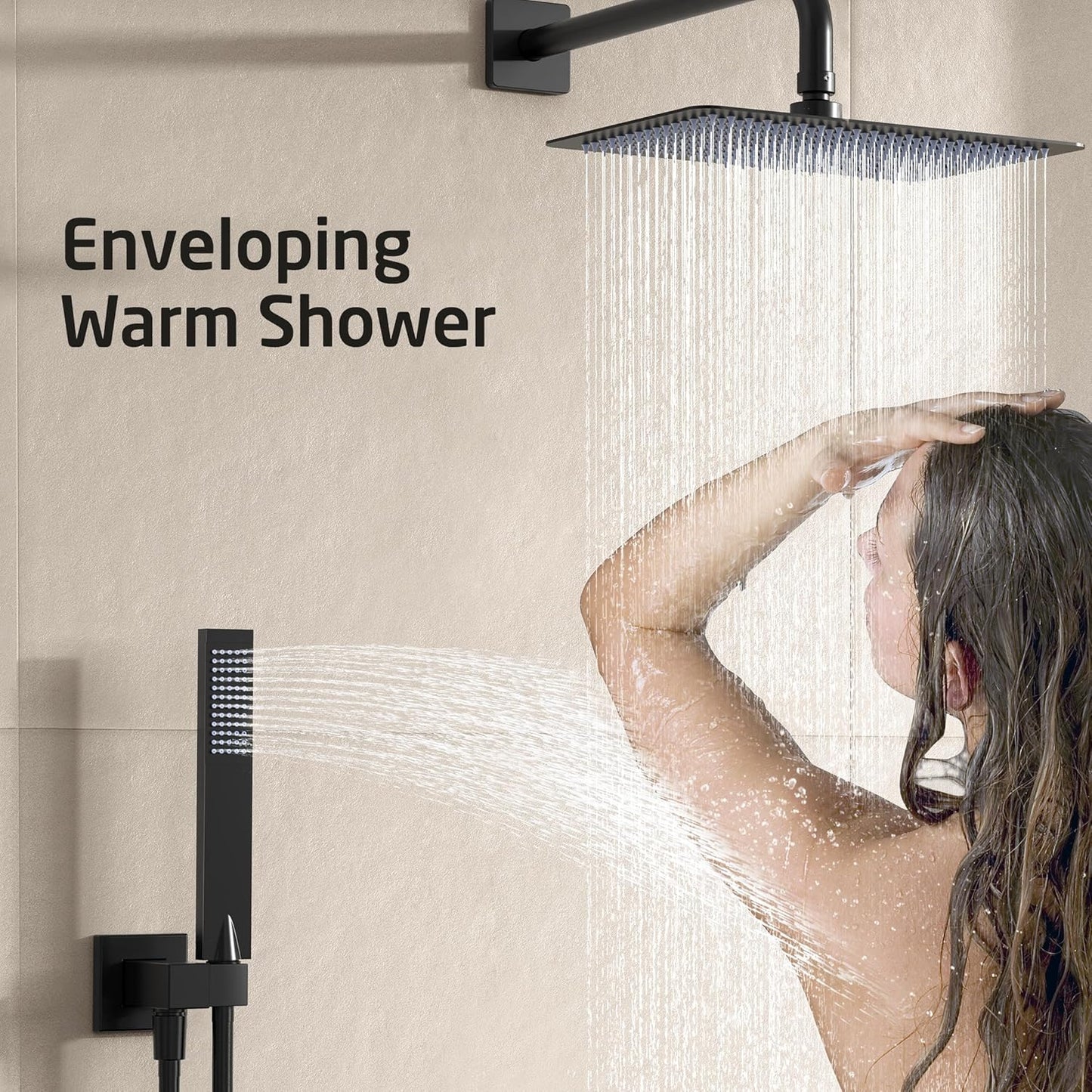 KES Rain Shower System, 12-inch Rectangle Shower Head Set, Wall mounted Shower Valve Kit, Black Shower Faucet Set with High Pressure Rain Shower and