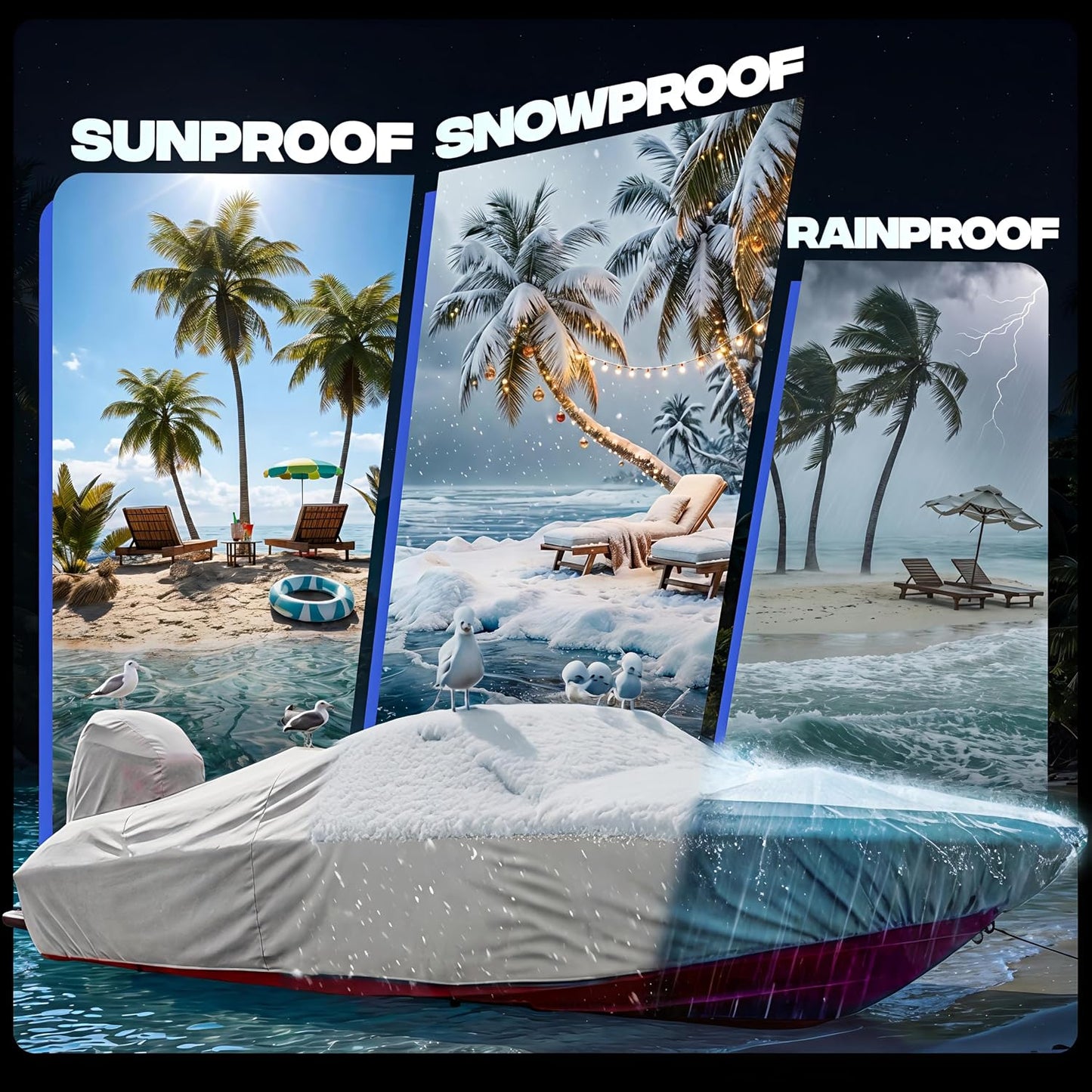 FOCEAN Boat Covers 16-18ft 1200D Waterproof Heavy Duty Marine Tarp Gray Cover, Fits Bass, V-Hull, Tri-Hull, Runabout & Fish Ski Boats with Storage Bag