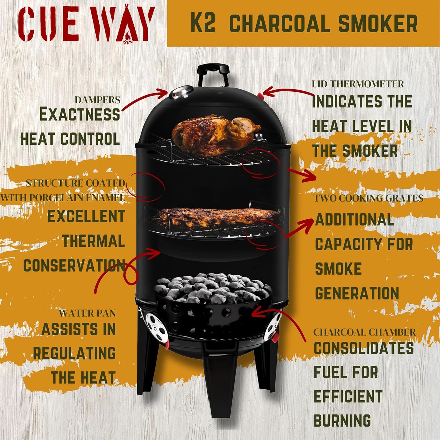 CUE WAY K2 SMOKEGUARDIAN ELITETOWER, vertical Charcoal Smoker,17 inch,Black