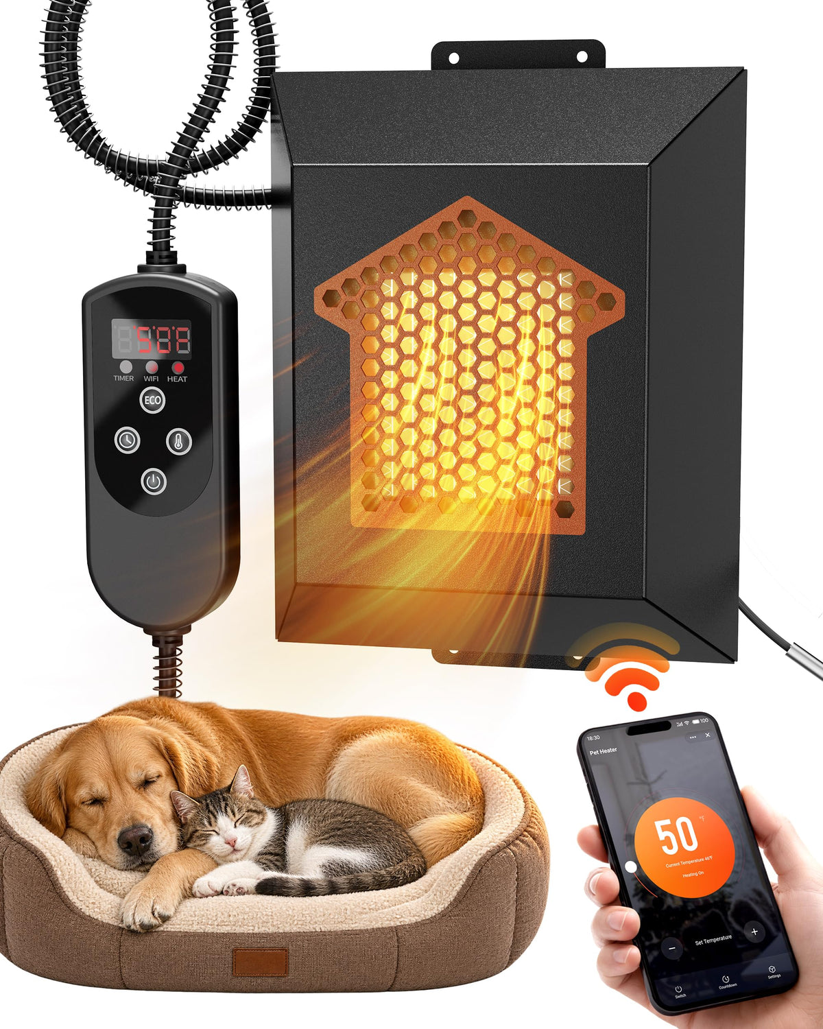 Dog House Heater 600W, Wall-Mounted Heater with WiFi & Timer for Pet House