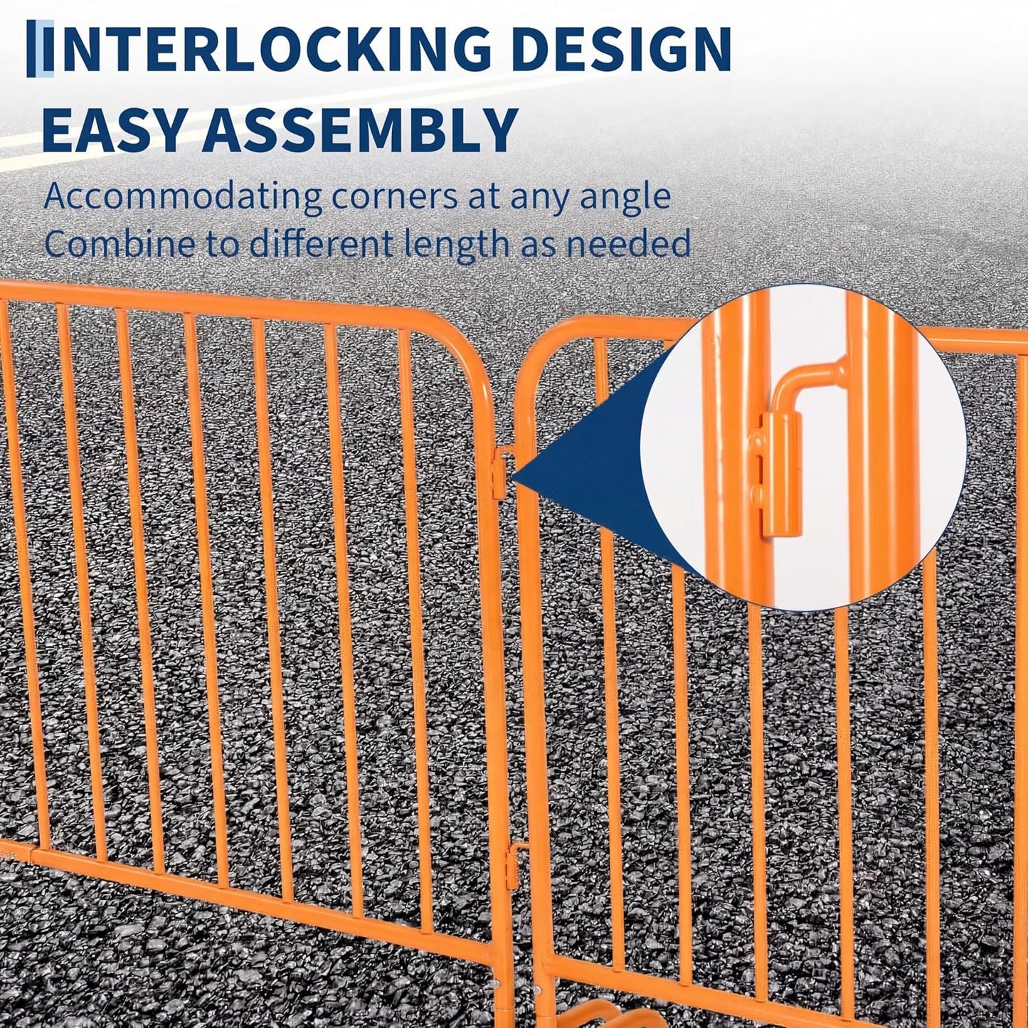Interlocking Steel Barricade, 7.5 Ft. Heavy Duty Galvanized Metal Barricade, Interlocking Steel Road Barriers with with Bridge Feet Base, for Crowd Control Event Fencing Indoor/Outdoor, Orange